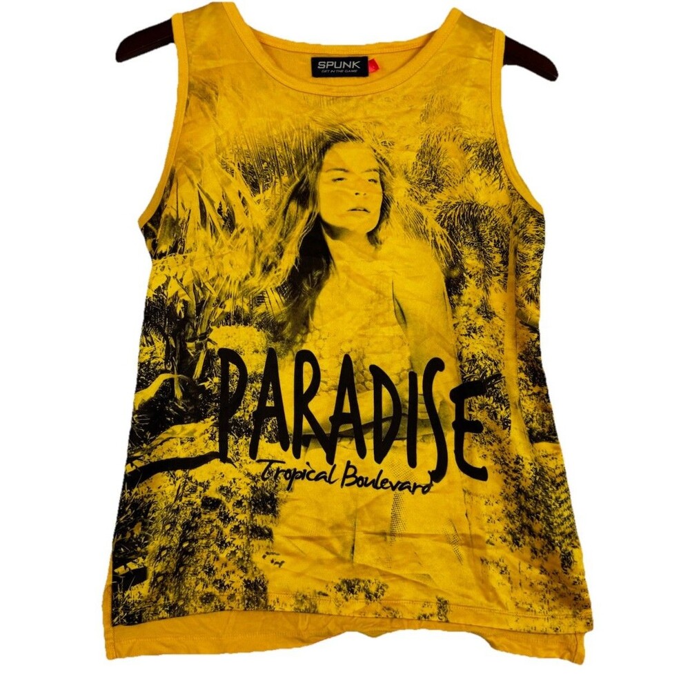 Spunk Paradise Tropical Boulevard Graphic Tank Top Yellow Womens Large